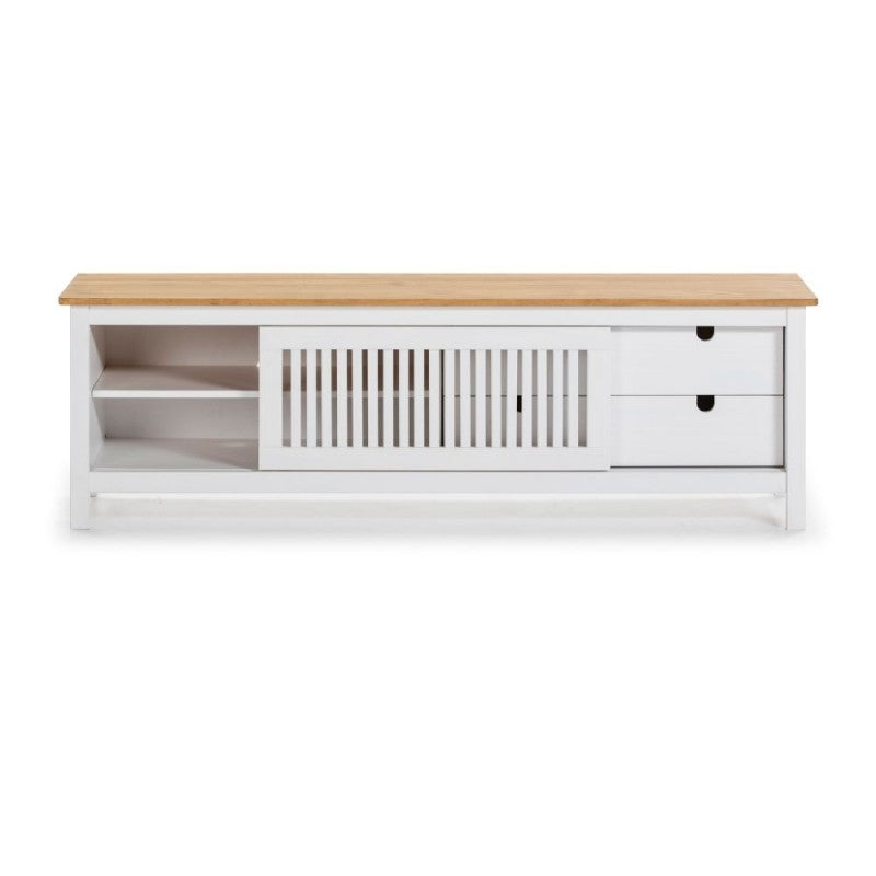 Mobile porta Tv con anta scorrevole effetto griglia e cassetti in legno massiccio 158 colore bianco e pino Bruna