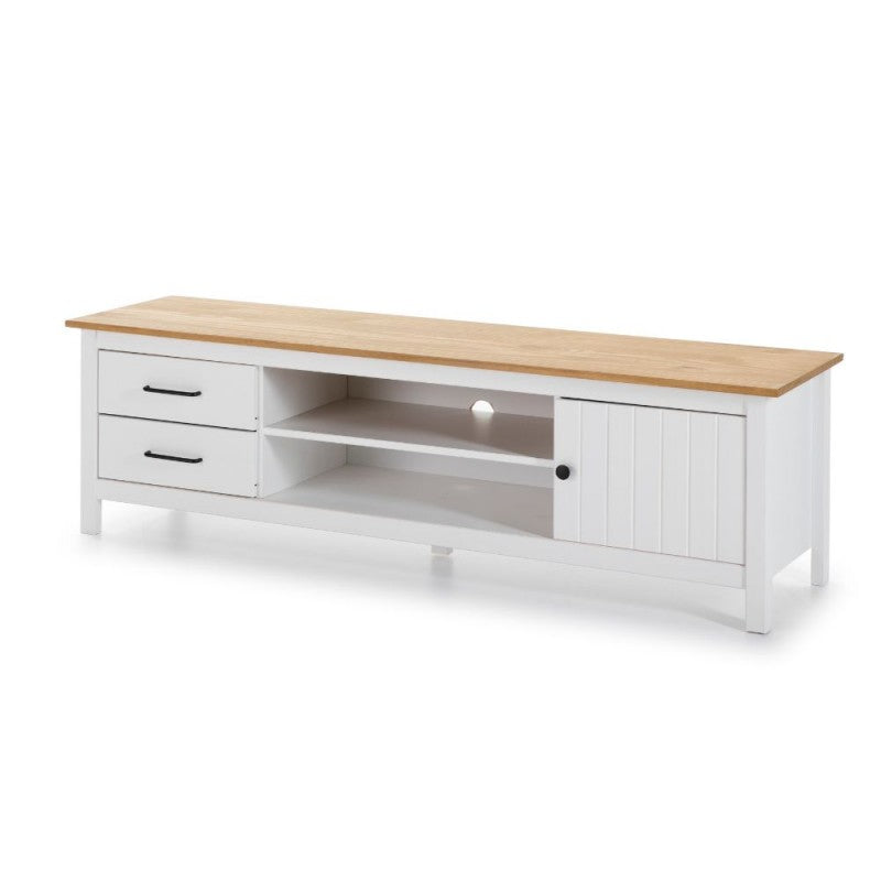 Mobile porta Tv in legno massiccio con 1 anta 2 cassetti colore bianco e pino Miranda 158x40x47H