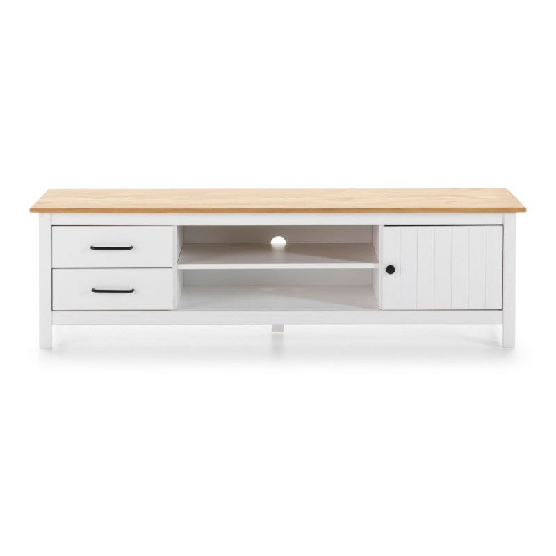 Mobile porta Tv in legno massiccio con 1 anta 2 cassetti colore bianco e pino Miranda 158x40x47H