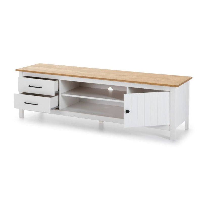 Mobile porta Tv in legno massiccio con 1 anta 2 cassetti colore bianco e pino Miranda 158x40x47H