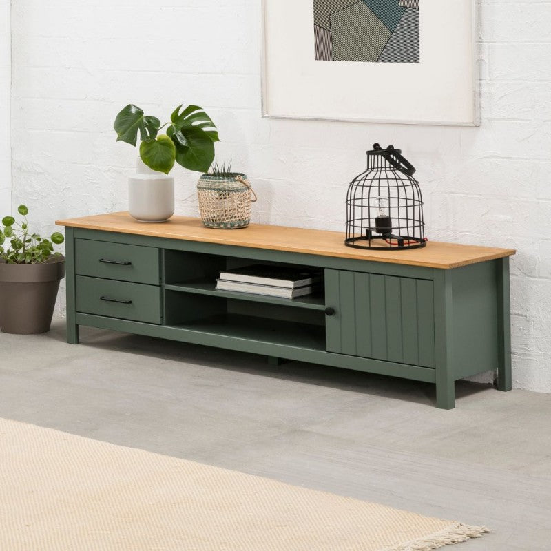 Mobile porta Tv in legno massiccio con 1 anta 2 cassetti colore verde e pino Miranda 158x40x47H
