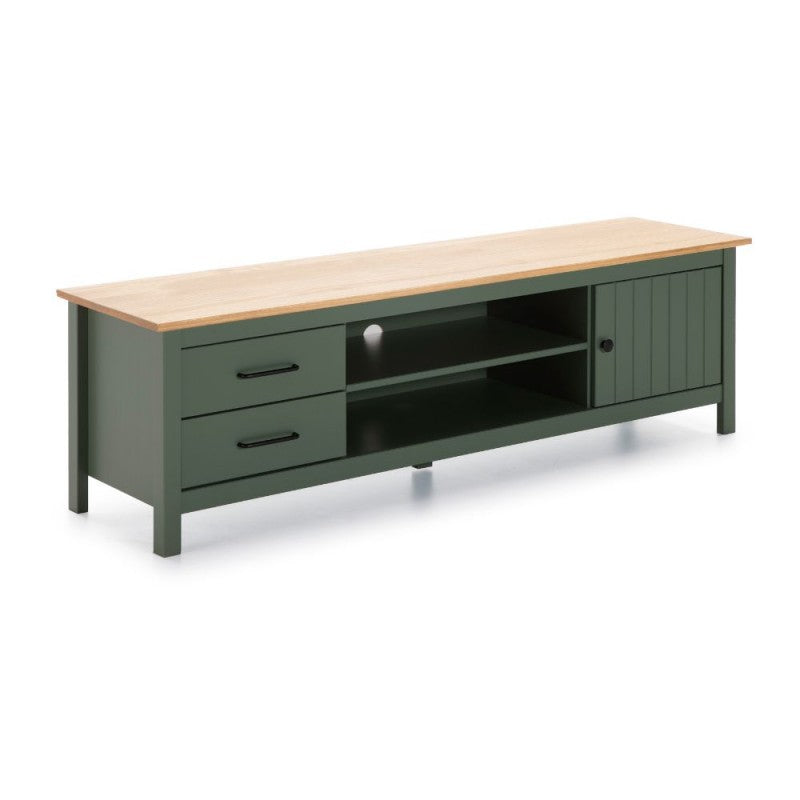 Mobile porta Tv in legno massiccio con 1 anta 2 cassetti colore verde e pino Miranda 158x40x47H