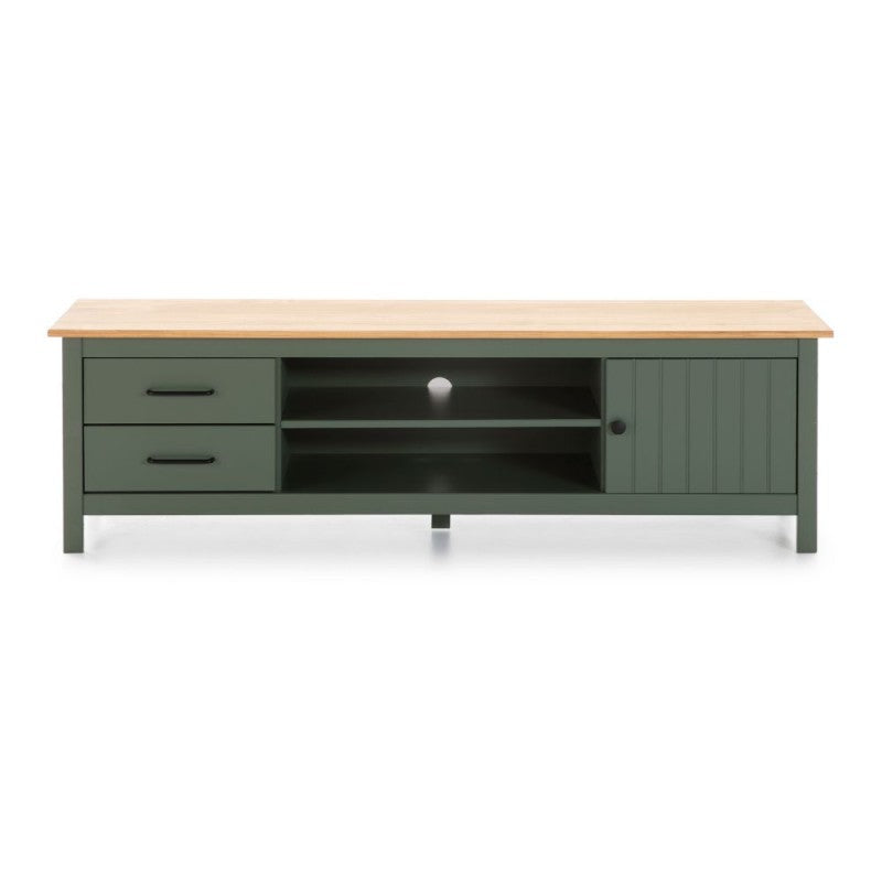 Mobile porta Tv in legno massiccio con 1 anta 2 cassetti colore verde e pino Miranda 158x40x47H