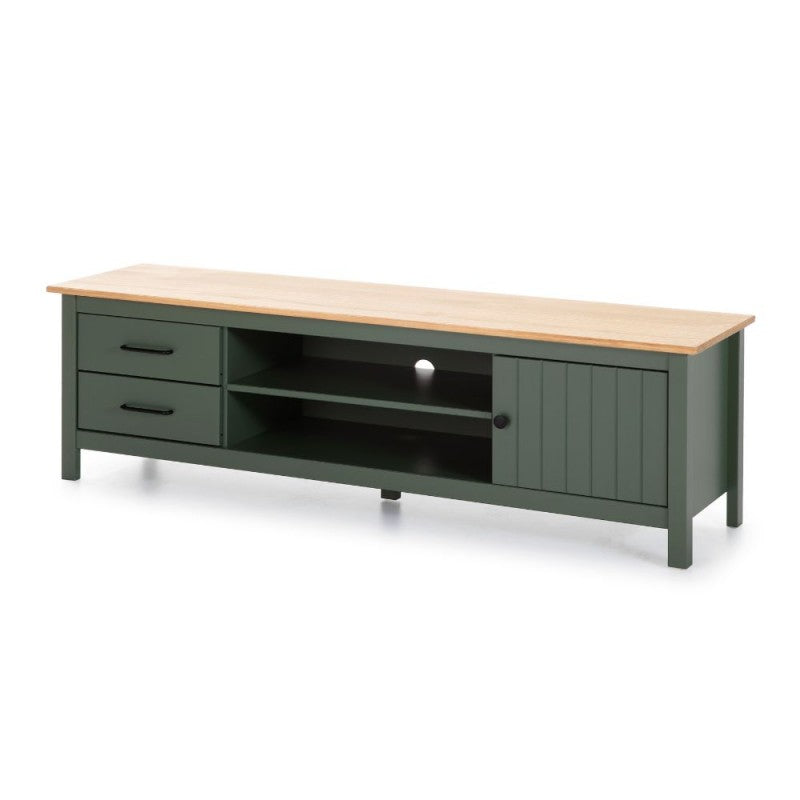 Mobile porta Tv in legno massiccio con 1 anta 2 cassetti colore verde e pino Miranda 158x40x47H