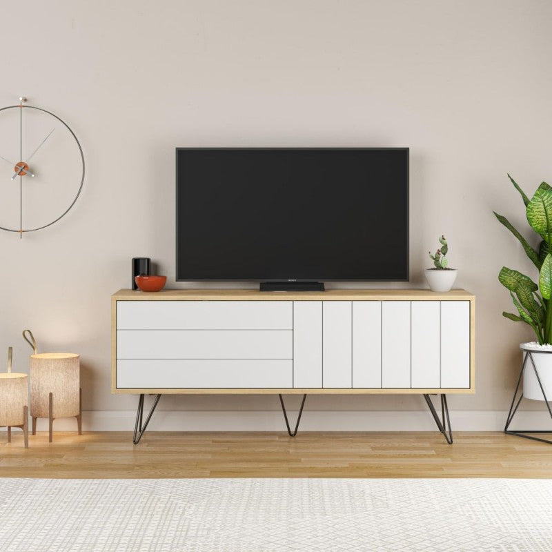 Mobile porta Tv struttura rovere con 2 ante a ribalta bianche 139.6x35.6x57.5H Picadilly