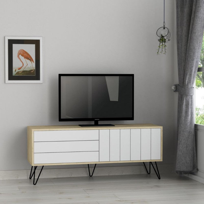 Mobile porta Tv struttura rovere con 2 ante a ribalta bianche 139.6x35.6x57.5H Picadilly