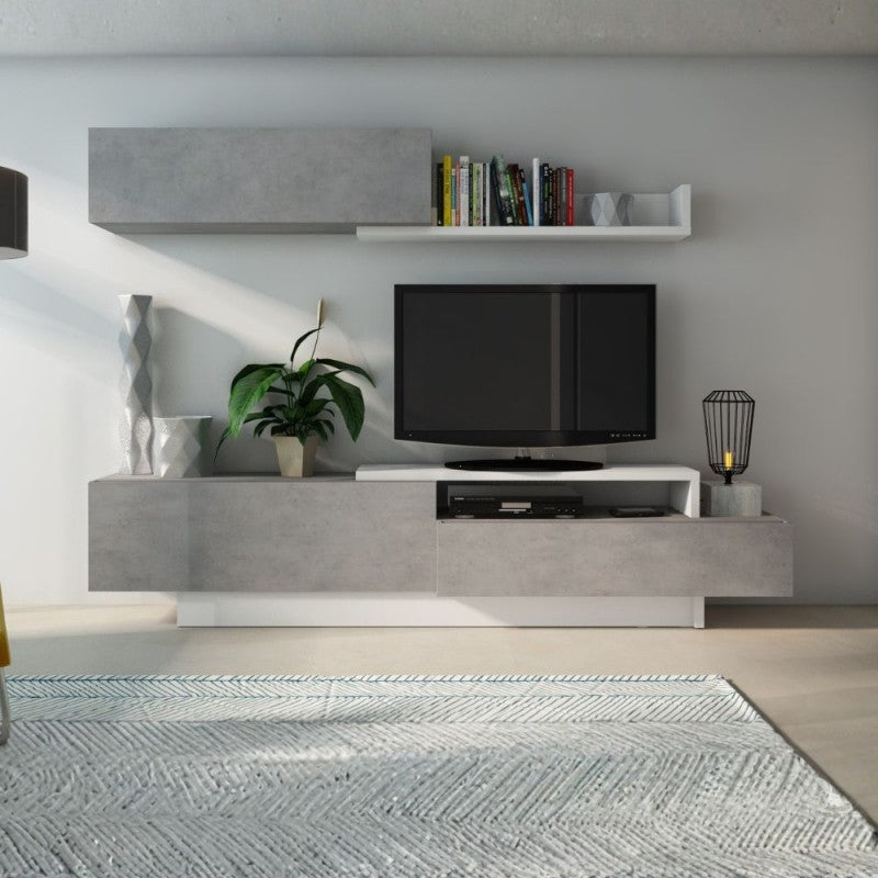 Meuble TV 8059 avec 3 portes abattantes coloris ciment et blanc