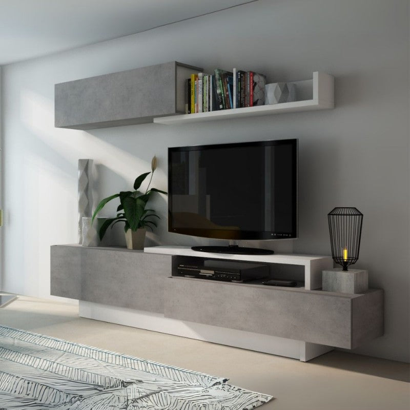 Meuble TV 8059 avec 3 portes abattantes coloris ciment et blanc