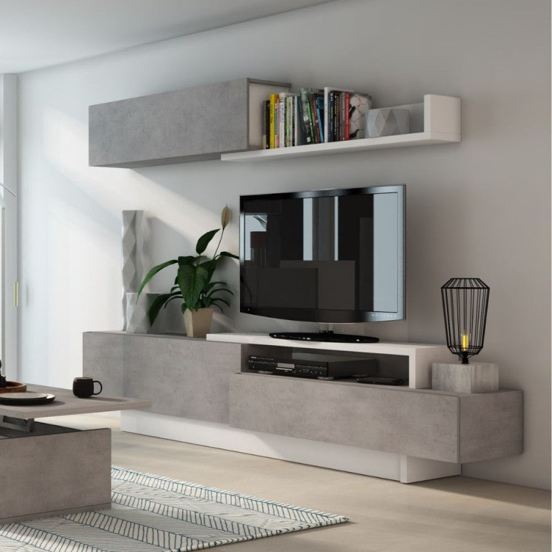 Meuble TV 8059 avec 3 portes abattantes coloris ciment et blanc