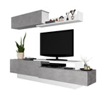 Meuble TV 8059 avec 3 portes abattantes coloris ciment et blanc