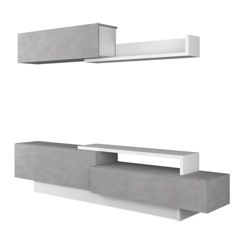 Meuble TV 8059 avec 3 portes abattantes coloris ciment et blanc