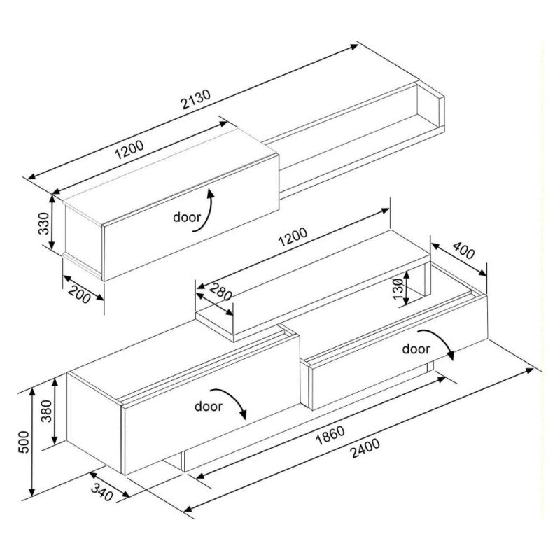 Meuble TV 8059 avec 3 portes abattantes coloris ciment et blanc