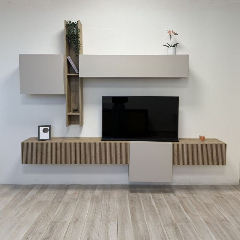Parete attrezzata sospesa 262x30x210H colore cashemere e cadiz cannettati Linda