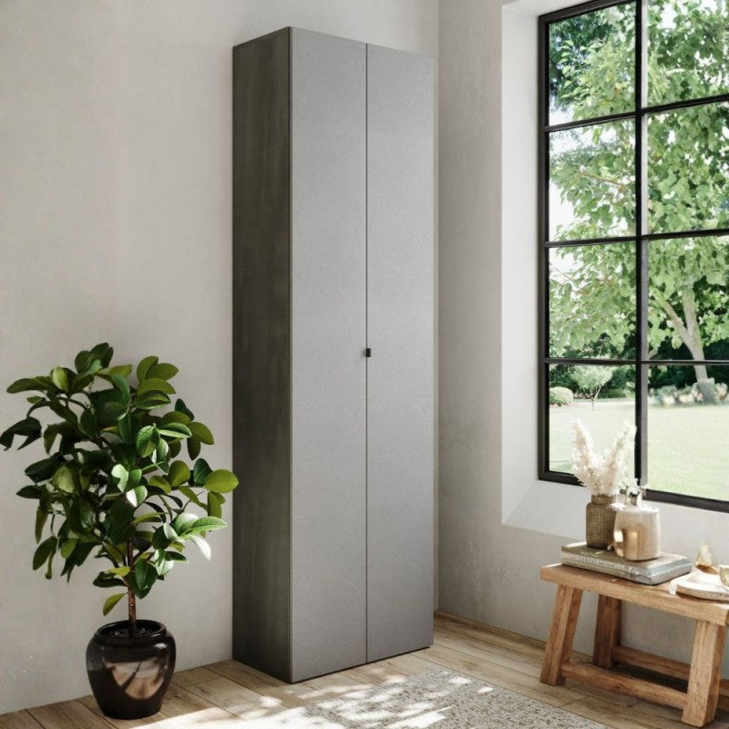Meuble à chaussures haut avec 10 étagères et 2 portes 63x35x212H couleur fonte et pierre Brex