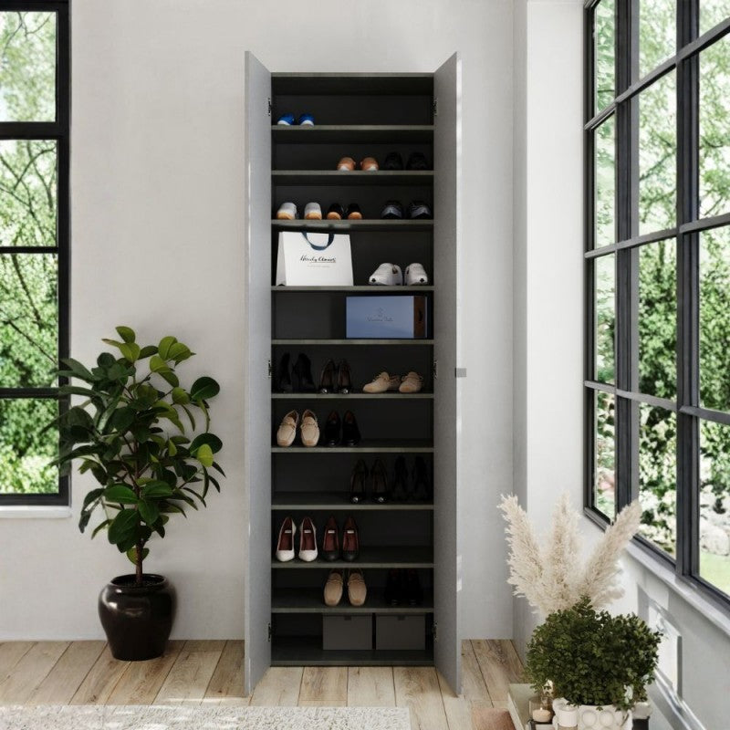 Meuble à chaussures haut avec 10 étagères et 2 portes 63x35x212H couleur fonte et pierre Brex