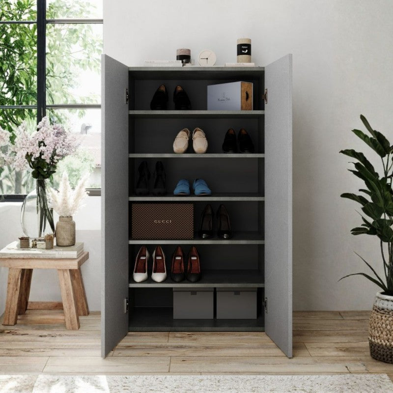 Meuble à chaussures 5 étagères et 2 portes 63x35x114H couleur fonte et pierre Brex