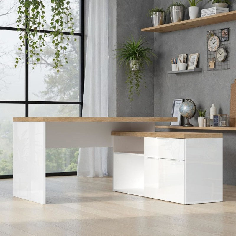 Scrivania angolare reversibile bianco lucido e rovere Cadiz 140x120x75H Zenzero