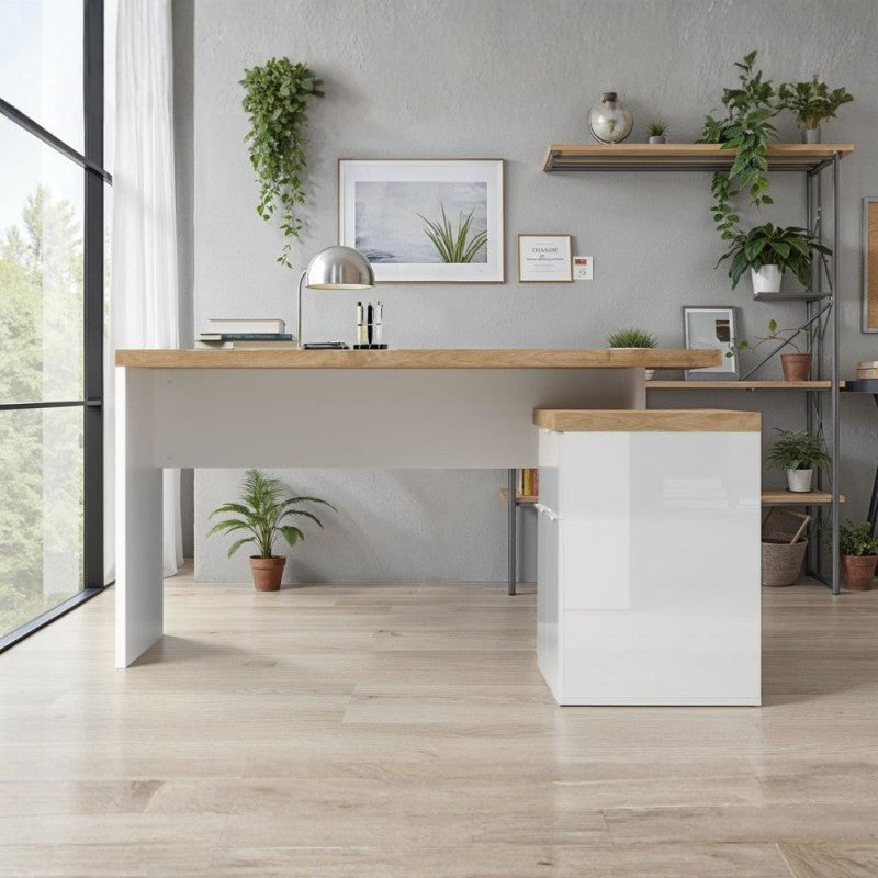 Scrivania angolare reversibile bianco lucido e rovere Cadiz 140x120x75H Zenzero