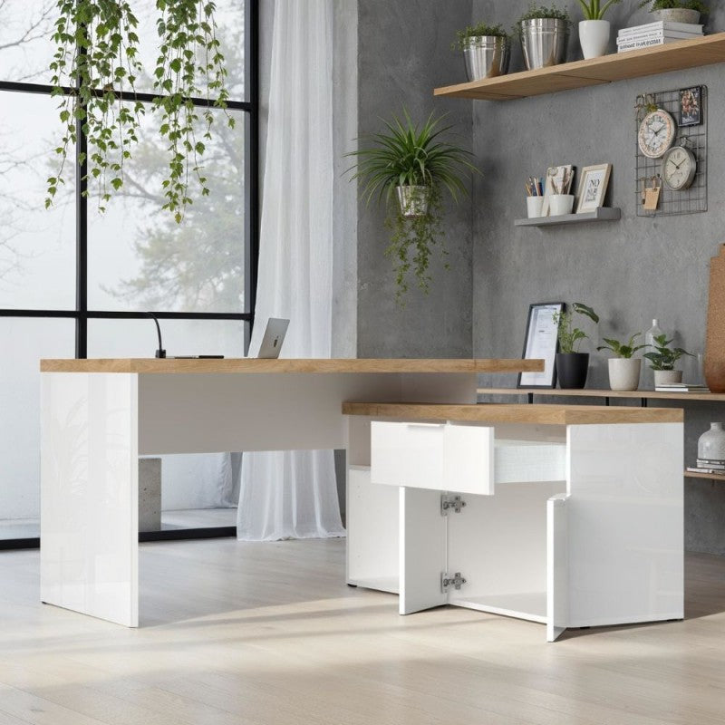 Scrivania angolare reversibile bianco lucido e rovere Cadiz 140x120x75H Zenzero
