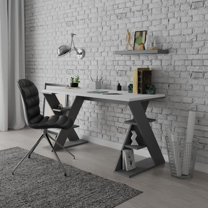 Scrivania con gambe a X e ripiani integrati 137x60x75 colore bianco e antracite Papillon