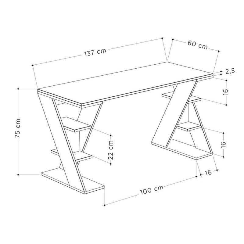 Bureau avec pieds en X et étagères intégrées 137x60x75 couleur blanc et anthracite Papillon