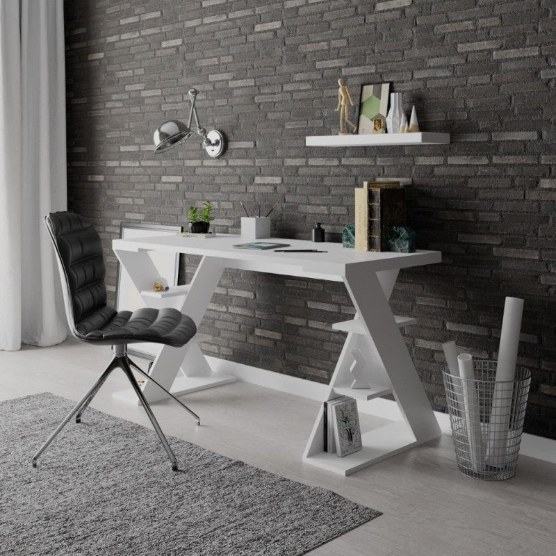 Scrivania con gambe a X e ripiani integrati 137x60x75 colore bianco Papillon
