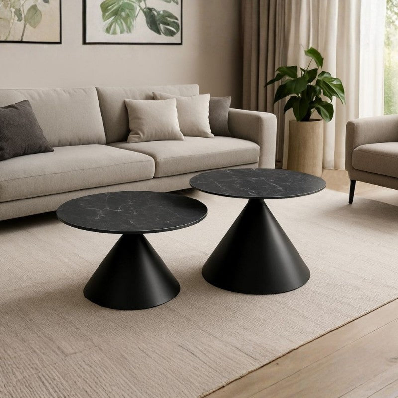 Set 2 tavolini da salotto rotondi con piano effetto marmo nero e gambe in metallo nero Punto