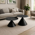Set 2 tavolini da salotto rotondi con piano effetto marmo nero e gambe in metallo nero Punto