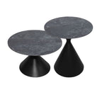 Set 2 tavolini da salotto rotondi con piano effetto marmo nero e gambe in metallo nero Punto