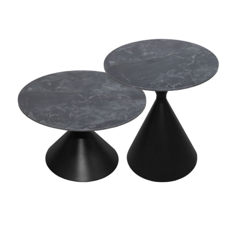 Lot de 2 tables basses rondes avec plateau effet marbre noir et pieds en métal noir Punto