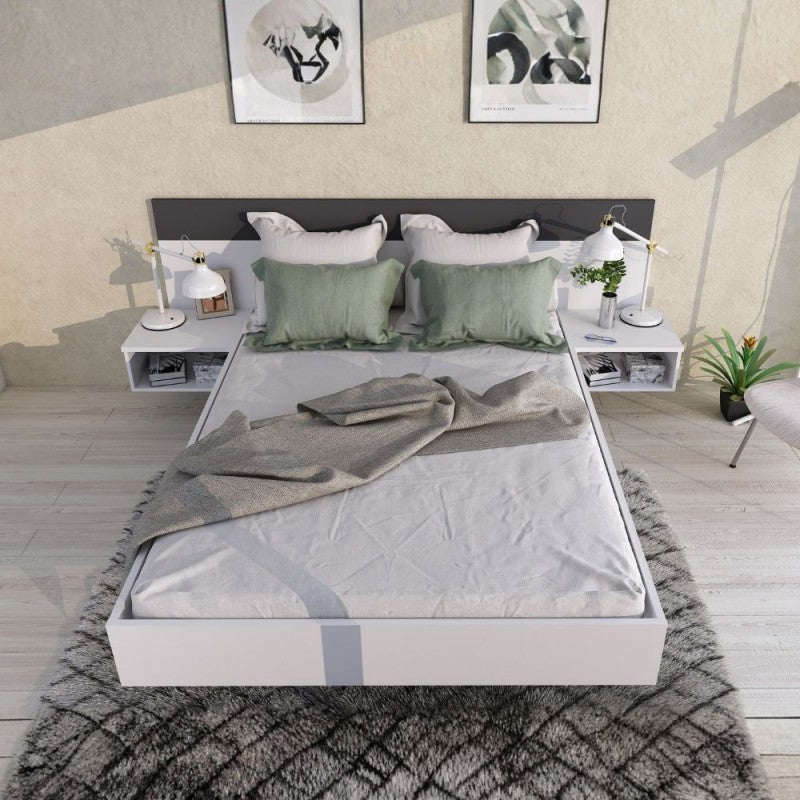 Letto francese 1514 sospeso con comodini integrati colore bianco e antracite