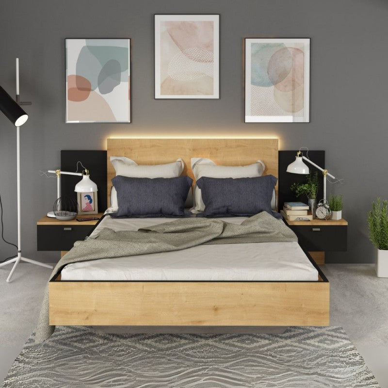 Letto francese 1514 sospeso con comodini integrati colore rovere e nero