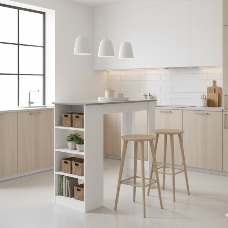 Tavolo snack alto con 3 ripiani laterali 112x49.6x103.5H colore bianco e cemento Kivo