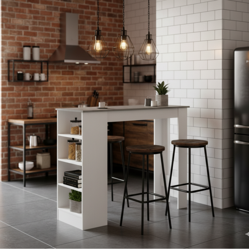 Tavolo snack alto con 3 ripiani laterali 112x49.6x103.5H colore bianco e cemento Kivo
