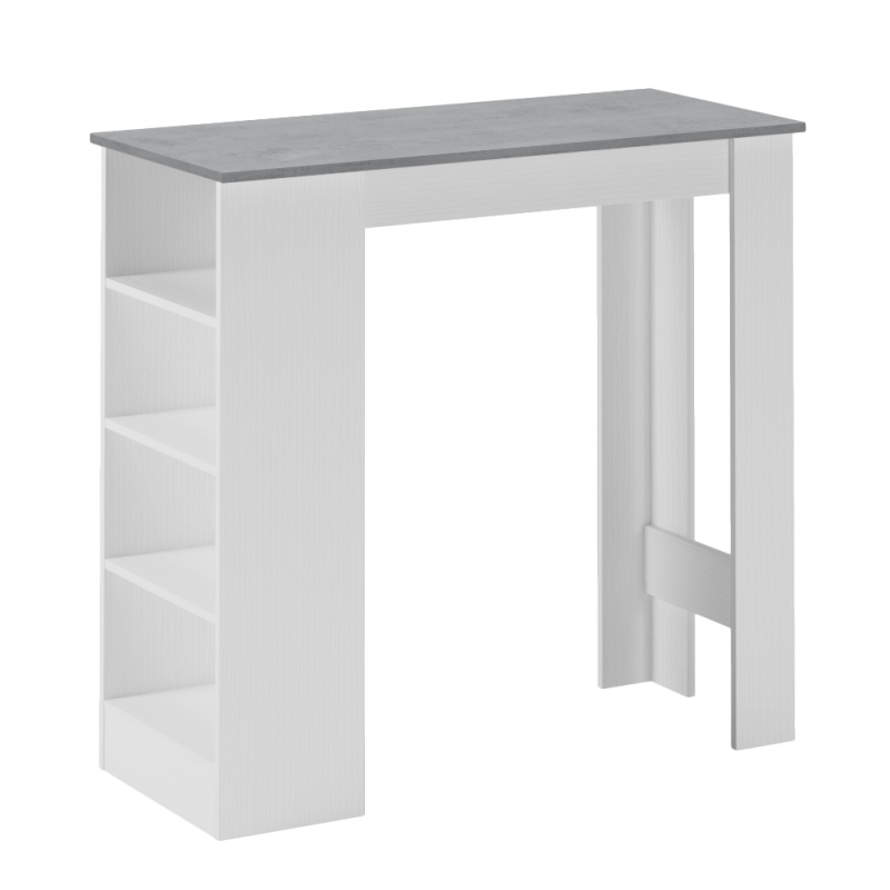 Tavolo snack alto con 3 ripiani laterali 112x49.6x103.5H colore bianco e cemento Kivo
