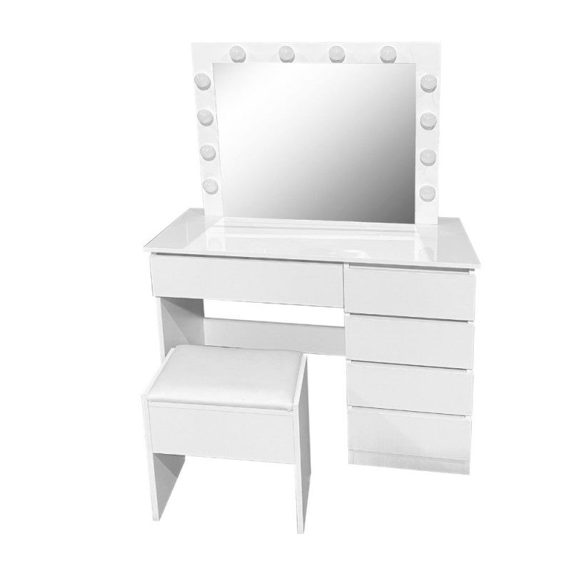 Coiffeuse avec miroir LED et tabouret 94X43X140H couleur blanc brillant Aurora