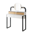 Toeletta trucco con 4 cassetti luci a led e specchio rotondo colore bianco e rovere Lora