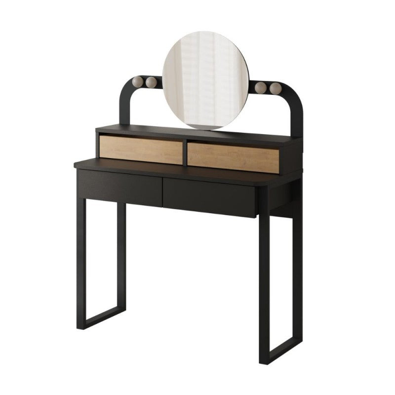 Coiffeuse maquillage avec 4 tiroirs lumières LED et miroir rond couleur noir et chêne Lora