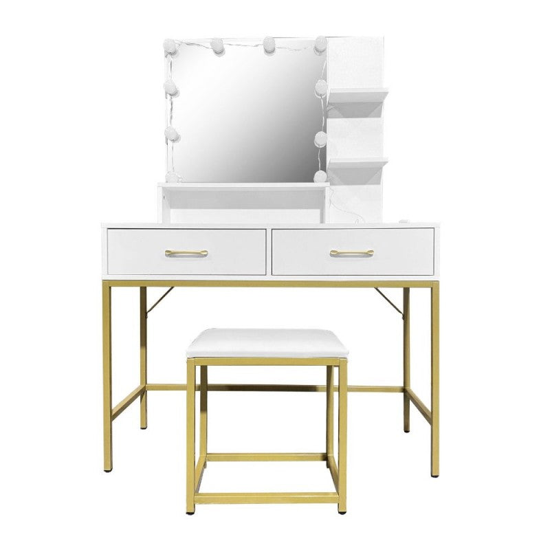 Toeletta da trucco con LED e sgabello 80x40x145H colore bianco e oro Lunar