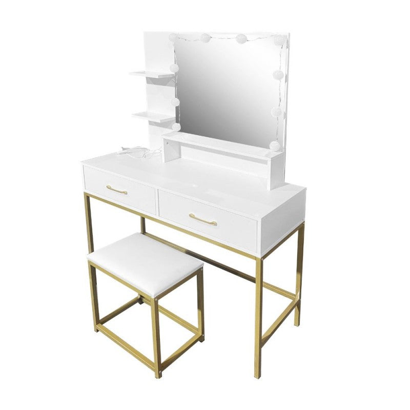 Toeletta da trucco con LED e sgabello 80x40x145H colore bianco e oro Lunar