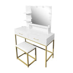 Toeletta da trucco con LED e sgabello 80x40x145H colore bianco e oro Lunar
